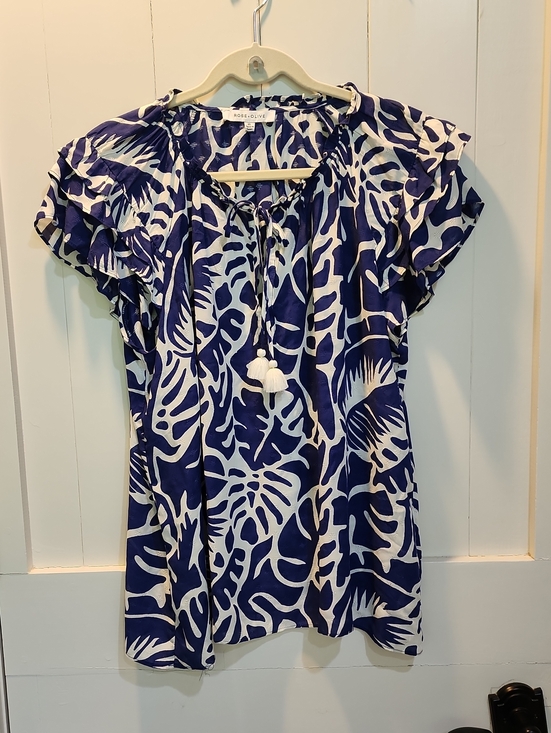 Rose & Olive Tops - Rose & Olive Navy and White Tropical Tassel Peasant Blouse